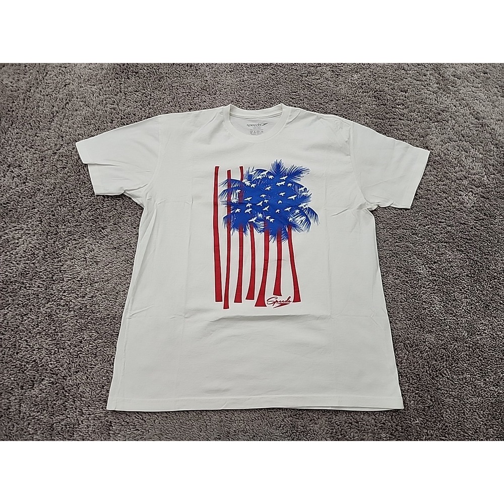 Speedo T Shirt Mens L White Short Sleeve Tropical Summer American Flag Patriotic